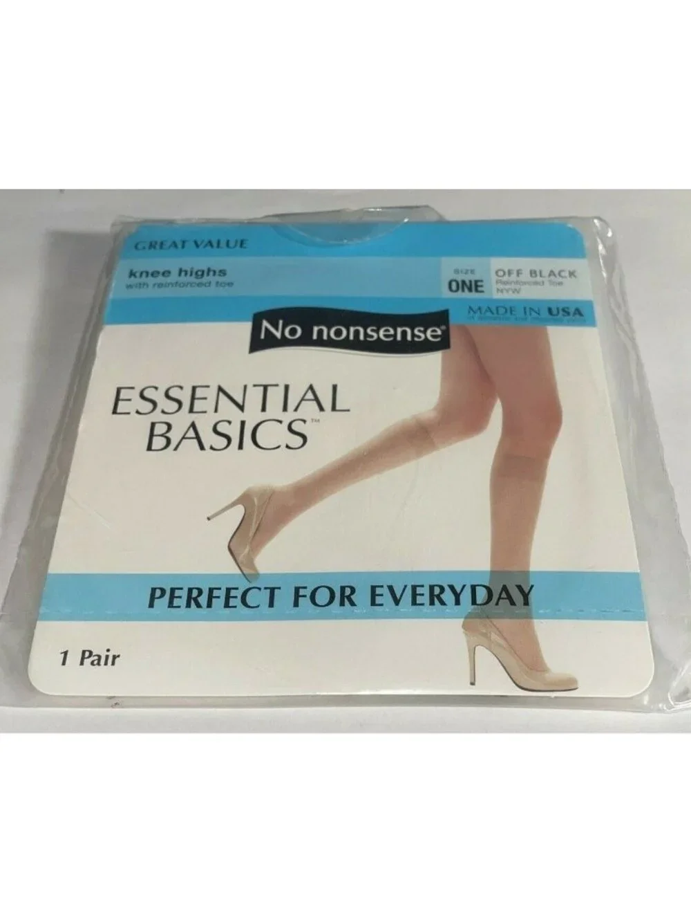 Womens No Nonsense Knee Highs (4) Size 1 OFF BLACK Reinforced Toe Sealed 4-Pack